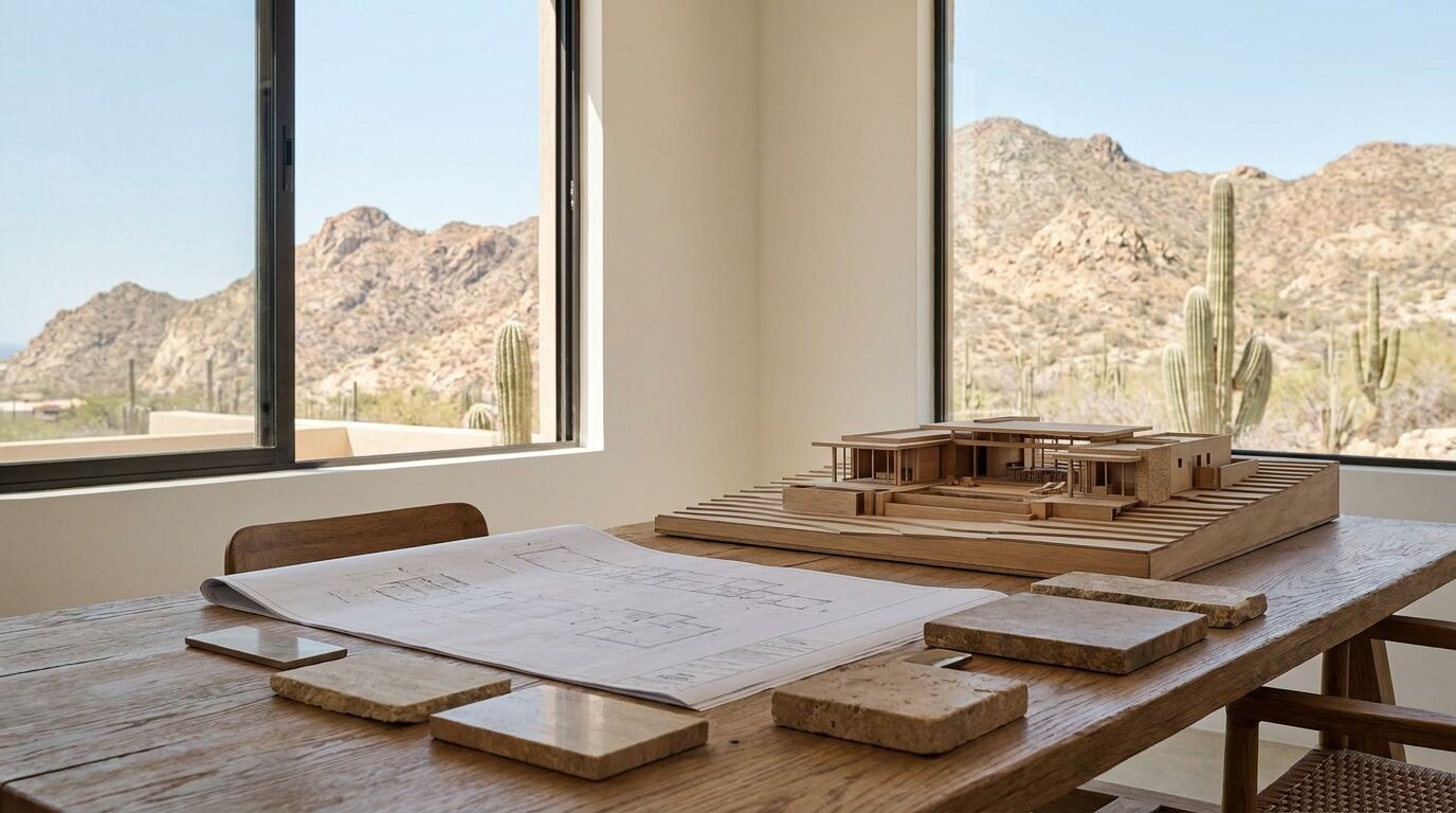 Architect's drawings and model on a studio table in Los Cabos